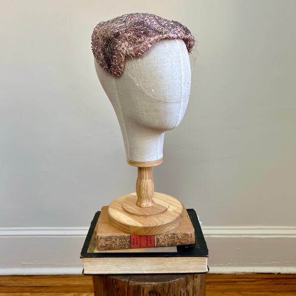 Vintage 40s Gertrude Sheedy Pink Curvette Fascinator Silk Beaded Hat w/ Veil - Picture 5 of 16